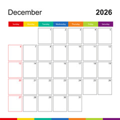 December 2026 colorful wall calendar, week starts on Sunday.