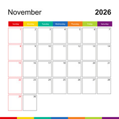 November 2026 colorful wall calendar, week starts on Sunday.