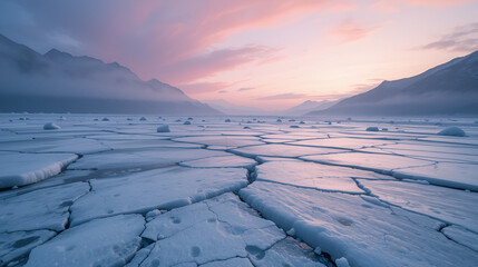 Frozen Landscape: A mesmerizing view of cracked ice under a pastel sky, showcasing the raw beauty and fragility of the winter season.