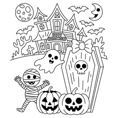 Spooky halloween themed coloring pages for children featuring classic monsters and festive decorations for creative fun