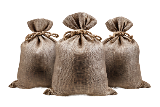 Tre sacchi di iuta marroni, legati in cima con una corda di spago, disposti in primo piano. Da utilizzare per scopi pubblicitari o di catalogo. Senza sfondo
