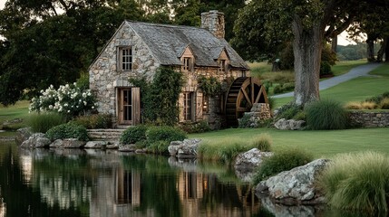 Obraz premium Operational Waterwheel Mill Log Cabin Meadow Pond Forest Scene, Blue Ridge NC