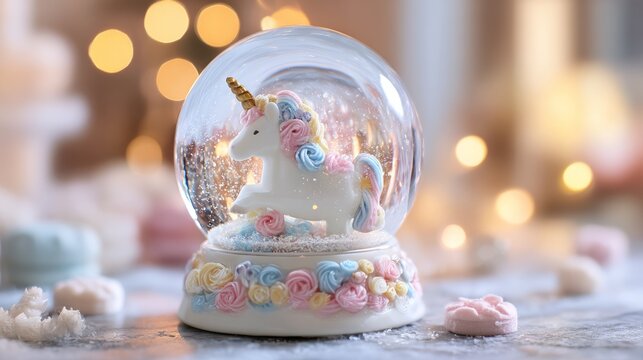 Magical christmas unicorn snow globe with sparkling pastel decorations, glittering holiday ornaments, and whimsical winter wonderland scene for festive seasonal decor and enchanted christmas backgroun