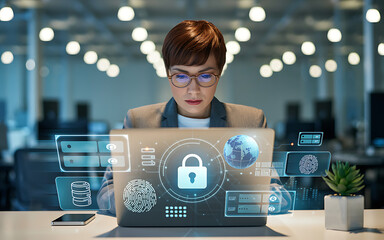 Young man wearing glasses intensely focused on a laptop displaying cybersecurity and data protection interfaces illustration
