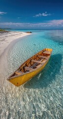 Fototapeta premium A vibrant yellow boat floats in crystal-clear turquoise water near a white sand beach under a blue sky