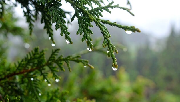 Dewdrops on evergreen branches - Powered by Adobe