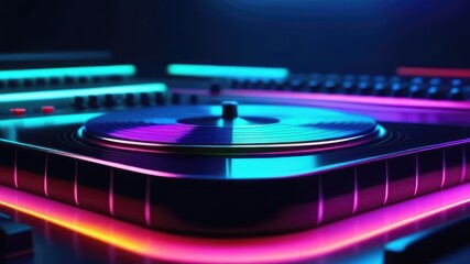 dj mixer in action. Vibrant turntable with colorful neon lights, showcasing a vinyl record spinning, surrounded by audio equipment, creating an energetic atmosphere for music production and creativity