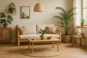 Fototapeta premium Cozy living room with natural decor featuring plants and wooden furniture in a bright and inviting space
