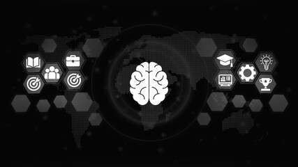 Digital brain concept with global network connections and business education success icons representing innovation strategy and teamwork on a dark futuristic background - Powered by Adobe