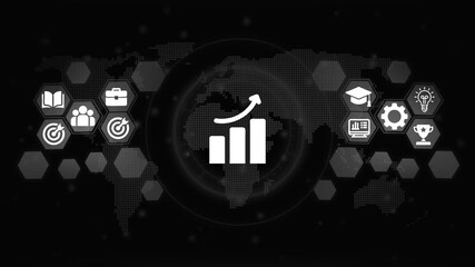 Global business growth success strategy icons with rising bar chart and world map digital interface concept - Powered by Adobe