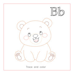 Cute bear tracing and coloringworksheet with letter B. Educational printable for preschool kids, learning alphabet, writing practice and fine motor skills development
