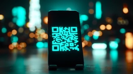 Black Mobile Device Displaying Glowing Teal Qr Code City Bokeh - Powered by Adobe
