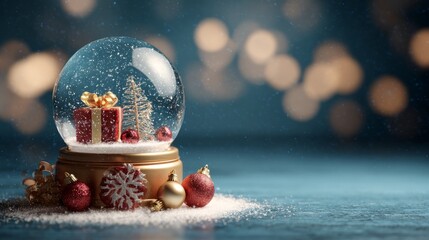 Festive christmas snow globe with sparkling holiday decorations and elegant display platform for products, surrounded by a magical winter background creating a cozy seasonal atmosphere for greeting ca