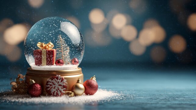 Festive christmas snow globe with sparkling holiday decorations and elegant display platform for products, surrounded by a magical winter background creating a cozy seasonal atmosphere for greeting ca