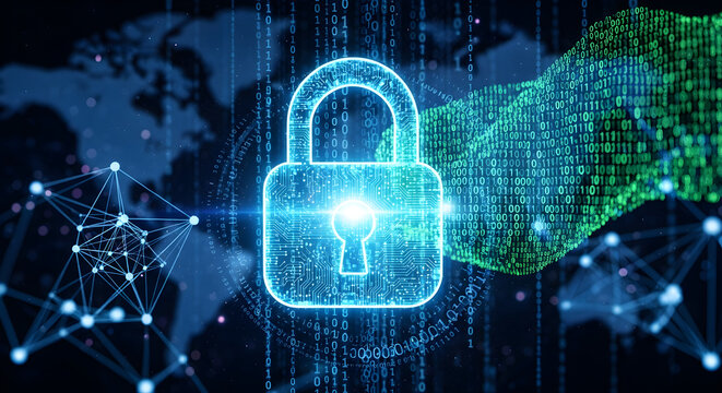 Digital Security Padlock with World Map and Binary Code | Cybersecurity Technology for Data Protection, Online Safety, and Network Security