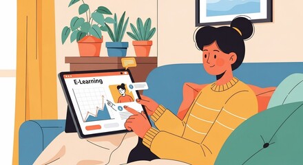 Woman engaging in e-learning on tablet at home.