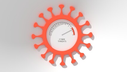 Virus icon with measuring device inside. Cyber threats concept. Hack danger indicator, phishing measuring for data centers, web, hosting and networking service. 3D render