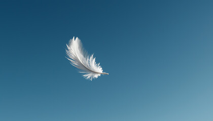 A single feather floating in the clear blue sky, symbolizing freedom and lightness, minimalistic
