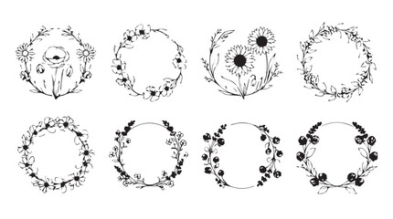 Delicate floral wreath designs hand drawn botanical frames for elegant celebrations and decor silhouette © Marzina Begum