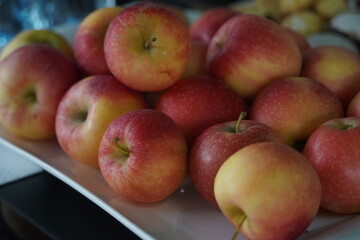 Apples are arranged in containers in a large garden. Harvesting.