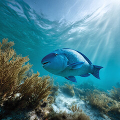 Fototapeta premium Vibrant underwater scene featuring a blue parrotfish swimming gracefully near coral reefs, sunbeams filtering through clear turquoise water. Symbol of ocean life, beauty, tranquility.