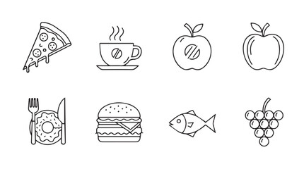 Collection of hand drawn food icons pizza coffee apple burger fish grapes and salad simple sketch style silhouette