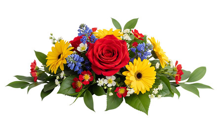 Vibrant mixed flower arrangement with red rose isolated on transparent background