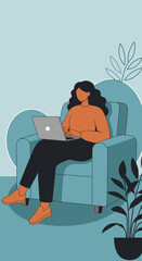 Illustration of a woman comfortably working on her laptop in an armchair at home. Represents remote work, productivity, home office lifestyle, and modern digital connectivity.