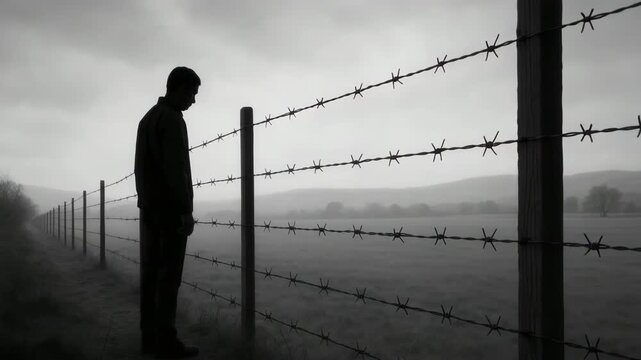 Sad man looking beyond barbed wire fence in black and white