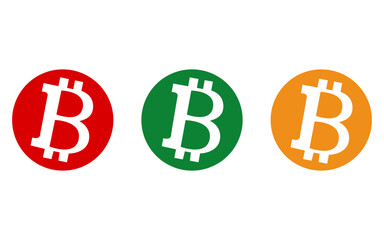 Set of red, green and orange bitcoin symbol icon with circular shape vector
