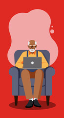 Young man working remotely on his laptop from a relaxing hammock in a tropical location. Perfect for concepts of flexible work and vacation.