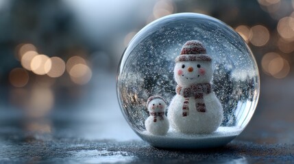High detail snow globe with festive snowman inside surrounded by sparkling snowflakes, charming winter holiday decoration symbolizing christmas spirit, seasonal magic, and cozy winter atmosphere for g