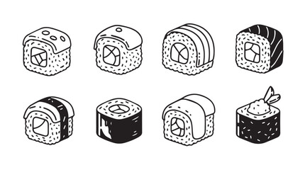 Eight delicious hand drawn sushi rolls and nigiri assortment for japanese food lovers silhouette