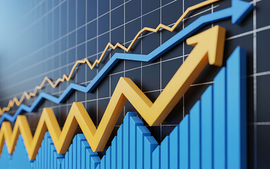 Financial stock market graph showing upward trend with bars and arrows illustrating growth illustration