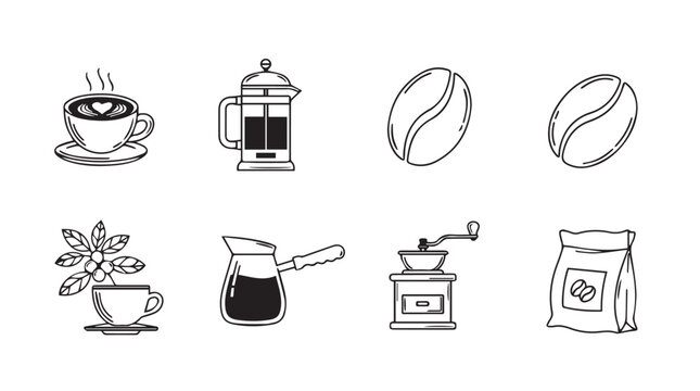 Hand drawn coffee icons set featuring cup machine beans cezve grinder and bag for beverage silhouette