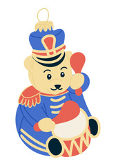 Christmas teddy bear in a drummer costume with a toy ornament loop on top. Holiday concept representing festive decoration, childhood and seasonal joy
