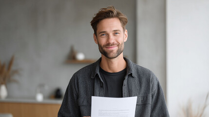 Confident man holds document, smiling warmly. Authentic portrait conveys trust, competence. Ideal for business, education, lifestyle concepts.
