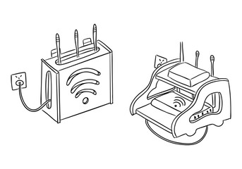 Hand drawn illustration of two creative household devices styled as Wi-Fi routers. Concept of smart technology, internet connectivity and modern digital lifestyle