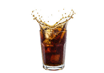 Clear, pristine glass of dark effervescent cola with ice, dynamic splash of droplets, intense condensation on a white studio background, extreme refreshment commercial advertisement
