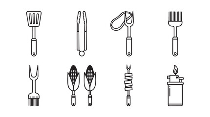 Barbecue grilling utensil set icons collection for culinary outdoor cooking and food preparation silhouette