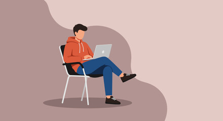 A young man in casual attire, comfortably seated on a chair, diligently works on his laptop, embodying modern remote work or digital learning.