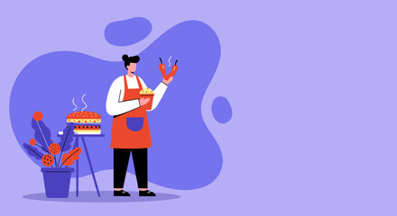 A cheerful individual in an apron expertly prepares a delicious steaming burger on a grill for a delightful outdoor summer barbecue.