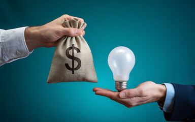 Hands exchanging money bag for glowing light bulb symbolizing investment in innovation and ideas illustration