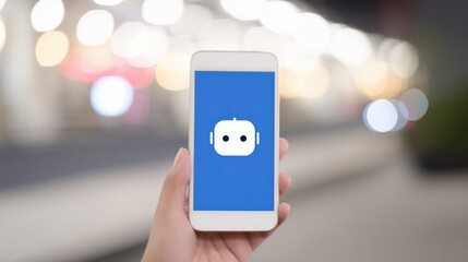 An urban citizen demonstrates a white smartphone with a logo of a robot on the screen. AI mobile application. Online app bot. Chat. Assistant