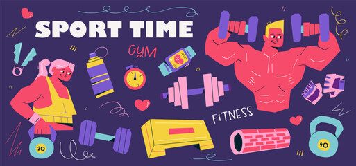Vector set of sport time elements with strong man, fit woman, dumbbells, kettlebell, gloves, stopwatch, roller, water bottle, step platform and fitness accessories on dark background