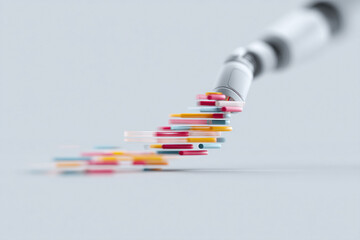 Futuristic tech concept with robot arm. Perfect for illustrating automation, progress, innovation or AI. Clean background with colorful elements. Dynamic composition.