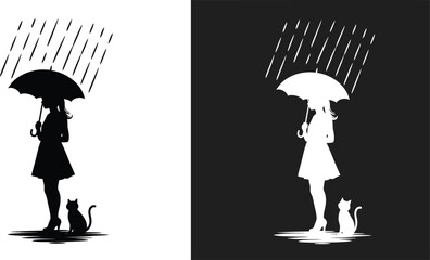 A solitary figure with an umbrella and a cat in the rain