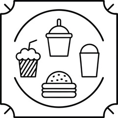 Black and white vector illustration of fast food items within a decorative frame burger hamburger