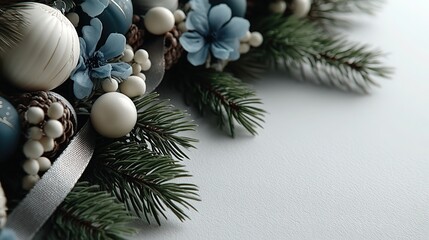 Blue and White Christmas Promo Background with Ornaments, Pine and Ribbon for Ecommerce