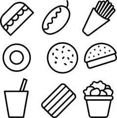 Black outline icons of fast food items on white background illustration line art
